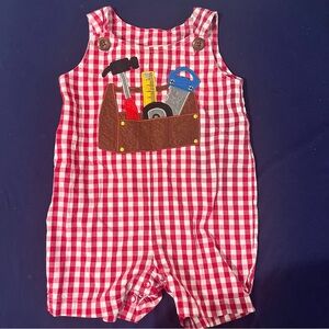Toffee And Apple Baby Boy Red Checked Shortfall With Toolset On The Front 9m